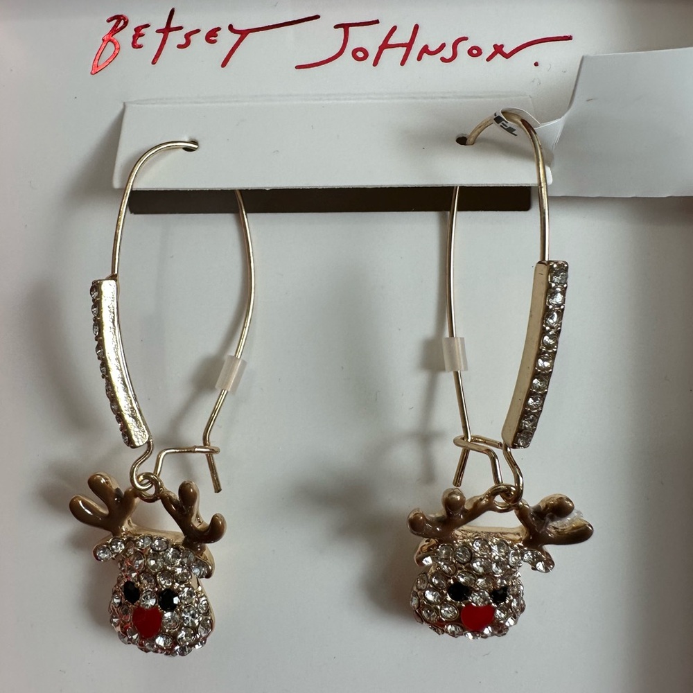 Authentic Betsey Johnson Gold and Red Reindeer Earrings with Rhinestones NIB